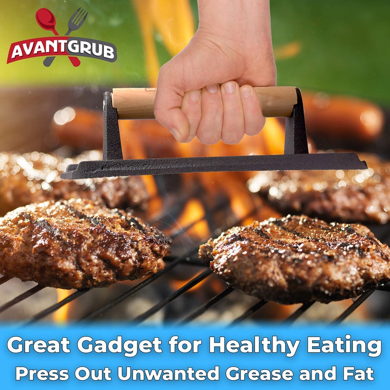 Avant Grub وزن شواية من الحديد الزهر، جاهز للاستخدام، 3 قطع. مكبس ستيك وبرغر ثقيل مع مقبض خشبي للشوايات، والمقالي، والأسطح المسطحة. أداة مثالية لعمل لحم الخنزير المقدد، والبانيه، والسندويشات، والخضروات. - Image 4